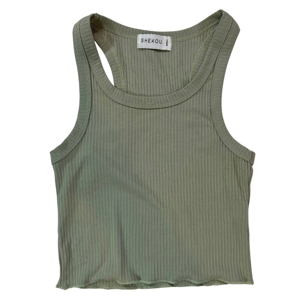 SHEKOU Ribbed Tank Top Small Sage Green Crop Racerback Cotton Stretch